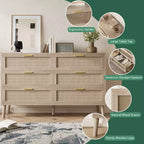 Commode à 8 tiroirs, commode en rotin naturel pour chambre à coucher avec 5 pieds solides, commode en bois de style ferme avec poignées dorées
