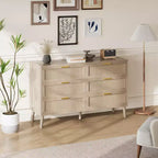 Commode à 8 tiroirs, commode en rotin naturel pour chambre à coucher avec 5 pieds solides, commode en bois de style ferme avec poignées dorées
