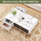 Table basse moderne GustoWave, table de centre rectangulaire avec 4 tiroirs et 4 portes vitrées pour chambre à coucher et bureau