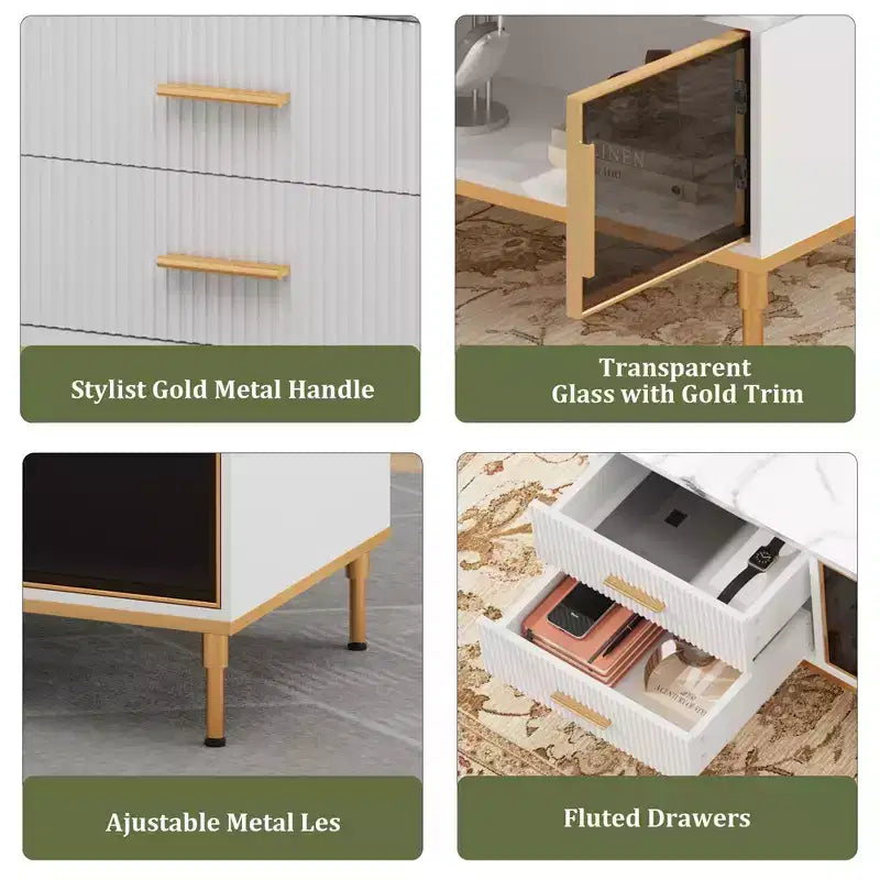 Table basse moderne GustoWave, table de centre rectangulaire avec 4 tiroirs et 4 portes vitrées pour chambre à coucher et bureau