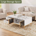 Table basse moderne GustoWave, table de centre rectangulaire avec 4 tiroirs et 4 portes vitrées pour chambre à coucher et bureau