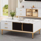 Table basse moderne GustoWave, table de centre rectangulaire avec 4 tiroirs et 4 portes vitrées pour chambre à coucher et bureau