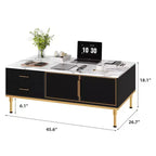 Table basse moderne GustoWave, table de centre rectangulaire avec 4 tiroirs et 4 portes vitrées pour chambre à coucher et bureau