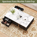 Table basse moderne GustoWave, table de centre rectangulaire avec 4 tiroirs et 4 portes vitrées pour chambre à coucher et bureau