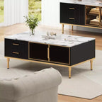 Table basse moderne GustoWave, table de centre rectangulaire avec 4 tiroirs et 4 portes vitrées pour chambre à coucher et bureau