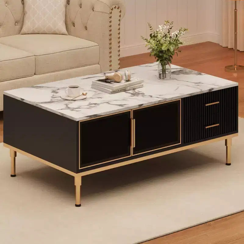 GustoWave Modern Coffee Table, Rectangle Center Table with 4 Drawers & 4 Glass Doors for Home Bedroom Office