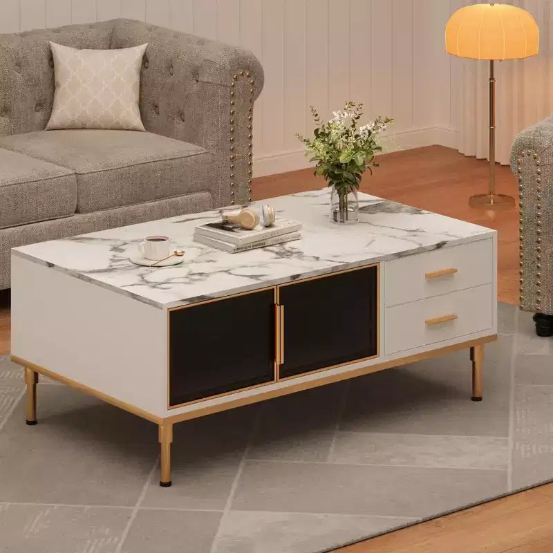Table basse moderne GustoWave, table de centre rectangulaire avec 4 tiroirs et 4 portes vitrées pour chambre à coucher et bureau