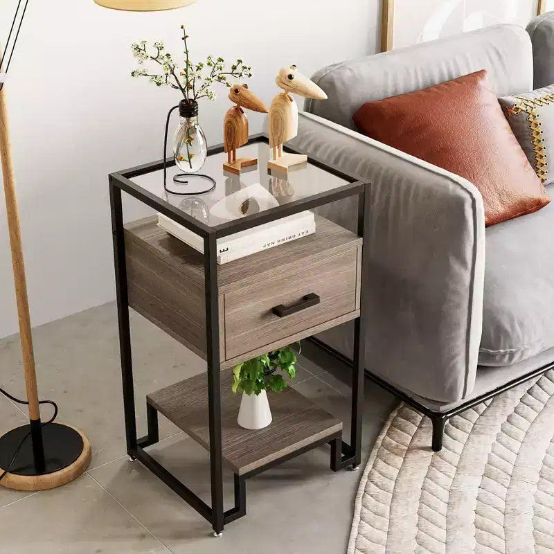2 tables de chevet, table d'appoint avec tiroir de rangement et 3 niveaux de rangement, petite table d'appoint avec cadre en acier et plateau en verre trempé