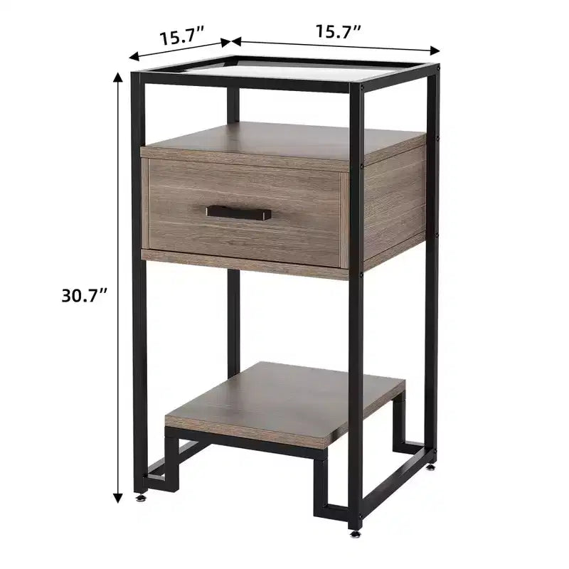 2 tables de chevet, table d'appoint avec tiroir de rangement et 3 niveaux de rangement, petite table d'appoint avec cadre en acier et plateau en verre trempé