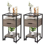 2 tables de chevet, table d'appoint avec tiroir de rangement et 3 niveaux de rangement, petite table d'appoint avec cadre en acier et plateau en verre trempé