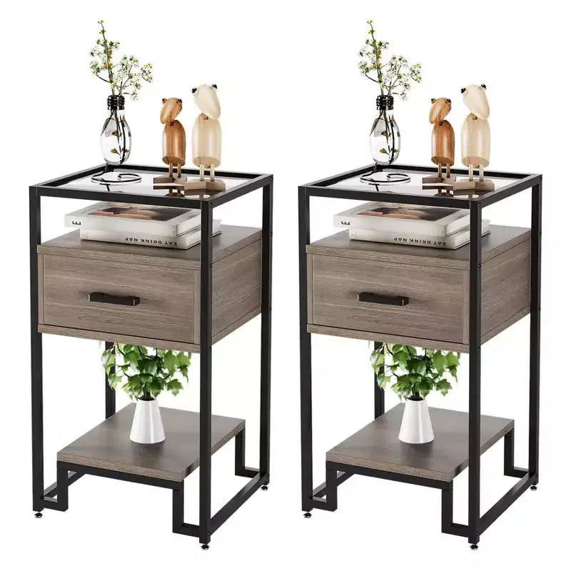 2 tables de chevet, table d'appoint avec tiroir de rangement et 3 niveaux de rangement, petite table d'appoint avec cadre en acier et plateau en verre trempé