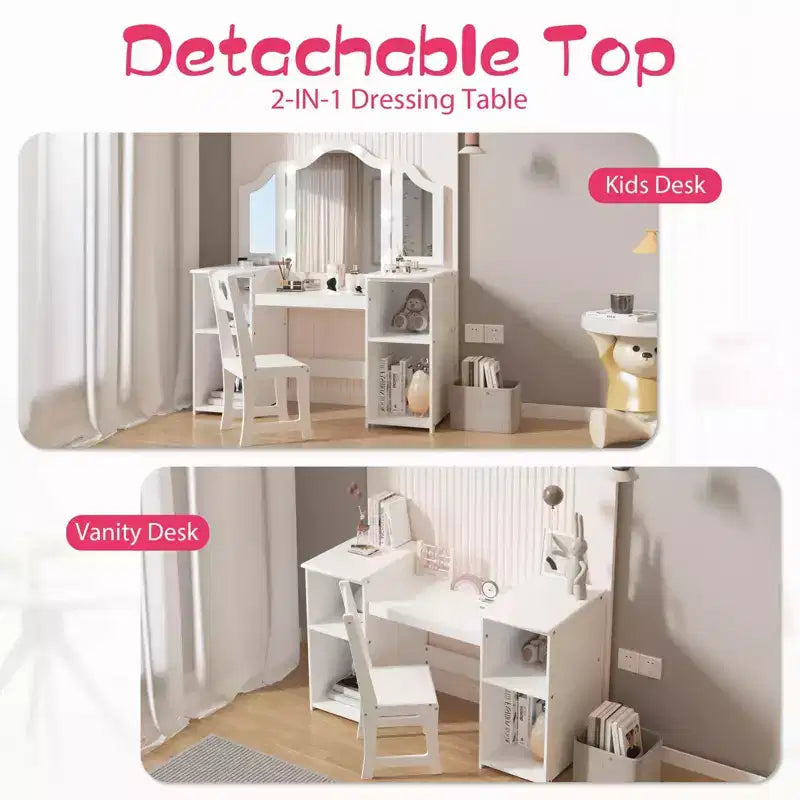 Coiffeuse et chaise princesse GustoWave avec miroir, bureau de maquillage tactile avec rangements et chaise à dossier haut - Convertible en bureau d'écriture