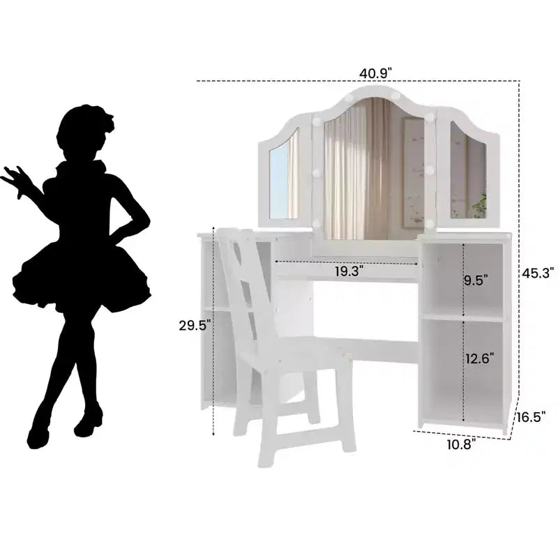 Coiffeuse et chaise princesse GustoWave avec miroir, bureau de maquillage tactile avec rangements et chaise à dossier haut - Convertible en bureau d'écriture