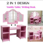 Coiffeuse et chaise princesse GustoWave avec miroir, bureau de maquillage tactile avec rangements et chaise à dossier haut - Convertible en bureau d'écriture