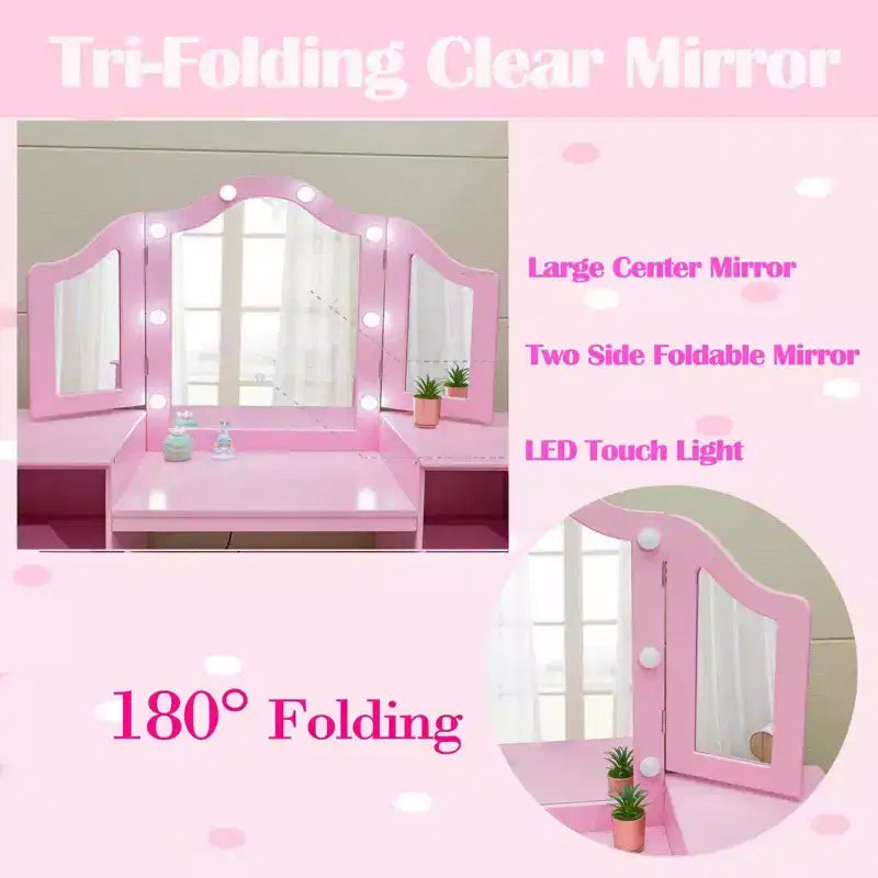 Coiffeuse et chaise princesse GustoWave avec miroir, bureau de maquillage tactile avec rangements et chaise à dossier haut - Convertible en bureau d'écriture