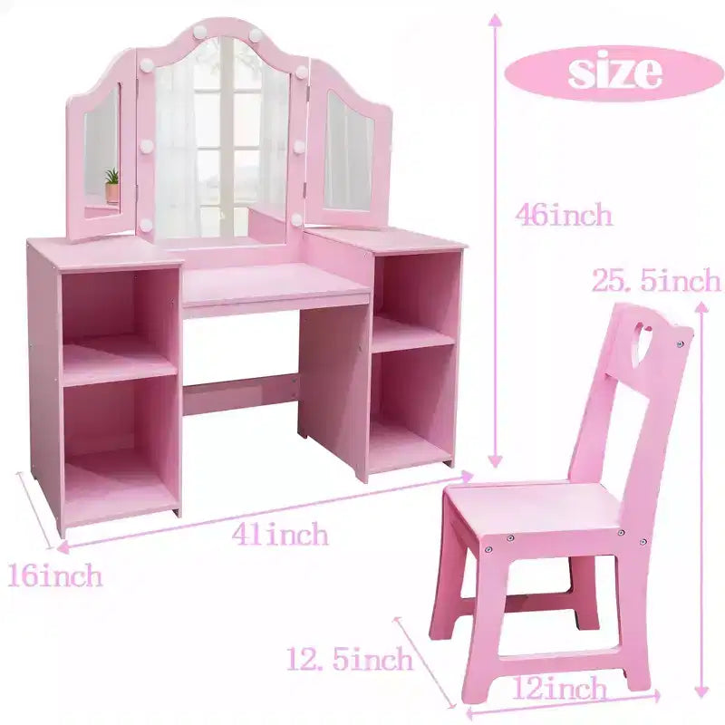 Coiffeuse et chaise princesse GustoWave avec miroir, bureau de maquillage tactile avec rangements et chaise à dossier haut - Convertible en bureau d'écriture