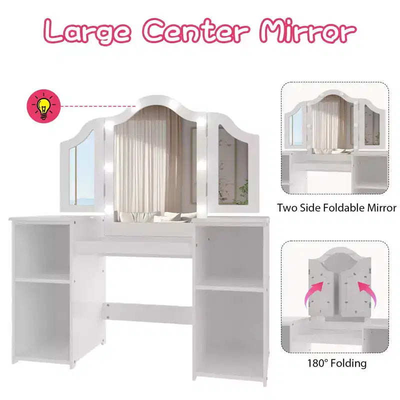 Coiffeuse et chaise princesse GustoWave avec miroir, bureau de maquillage tactile avec rangements et chaise à dossier haut - Convertible en bureau d'écriture