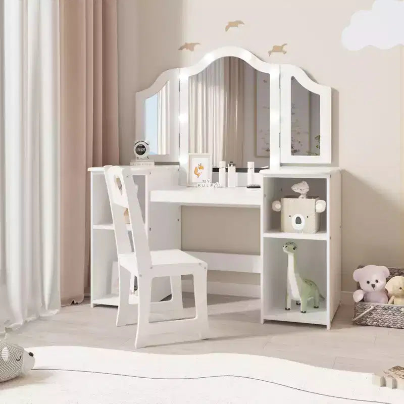 Coiffeuse et chaise princesse GustoWave avec miroir, bureau de maquillage tactile avec rangements et chaise à dossier haut - Convertible en bureau d'écriture