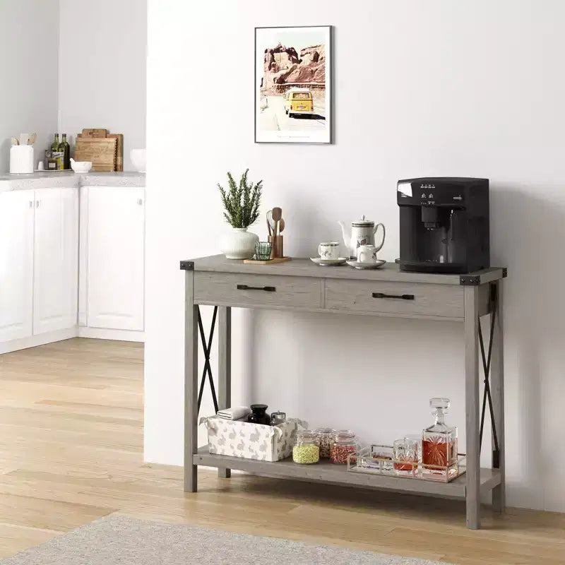 Schmal Konsolentisch mit 2 Schubladen, 110x30x80cm Flurtisch mit Ablageboden, Modern Style Sofatisch Metallrahmen