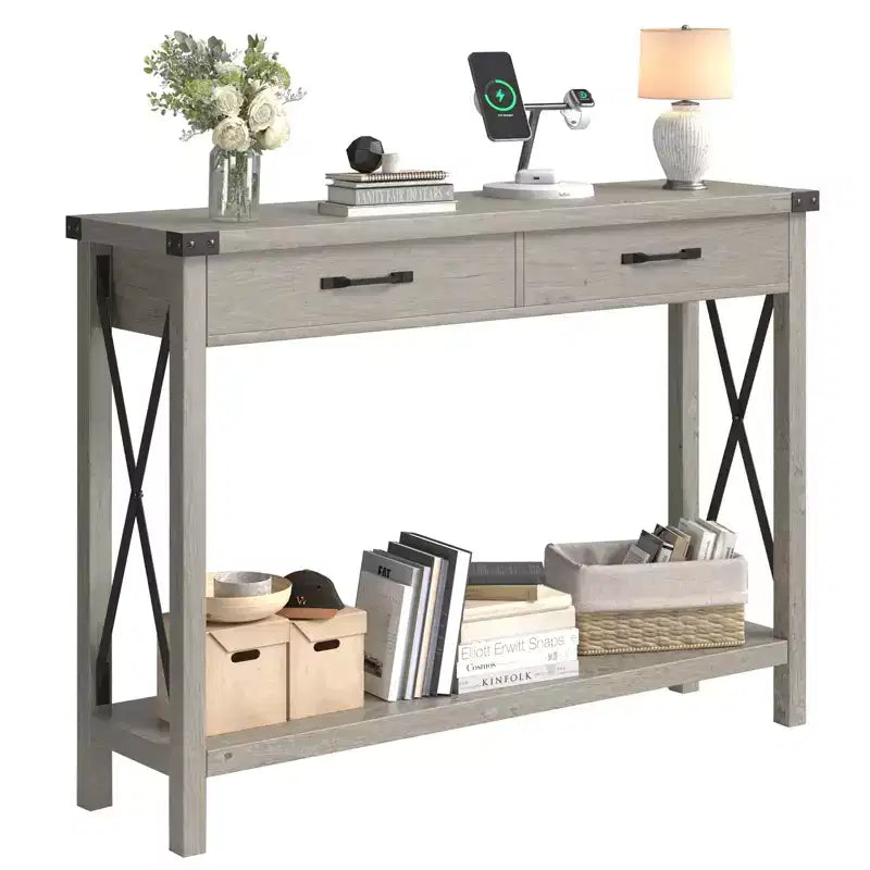 Schmal Console Table avec 2 Tiroirs, 110x30x80cm Table d'entrée avec Étagère, Table Basse Style Moderne Cadre Métallique