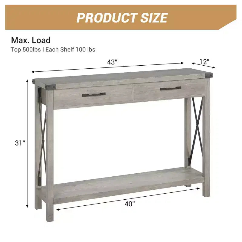 Schmal Console Table avec 2 Tiroirs, 110x30x80cm Table d'entrée avec Étagère, Table Basse Style Moderne Cadre Métallique
