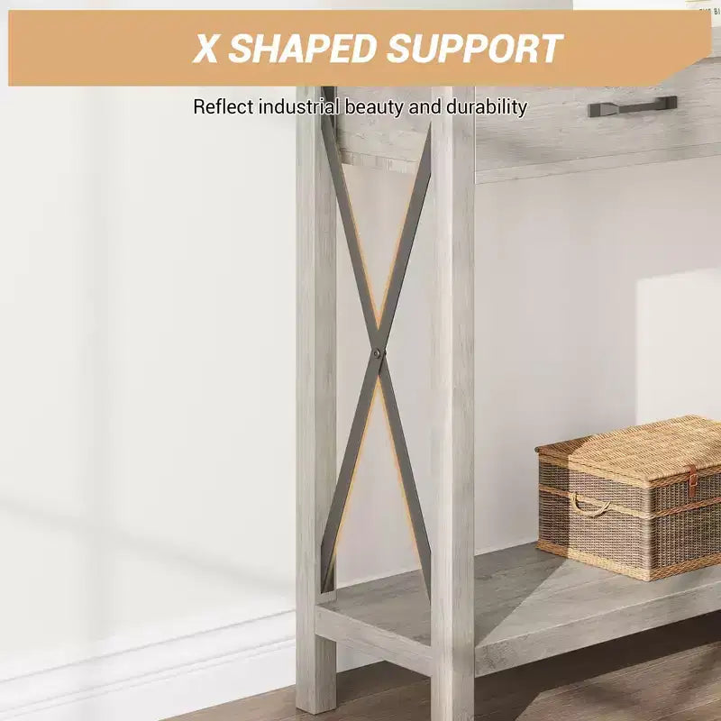 Schmal Console Table avec 2 Tiroirs, 110x30x80cm Table d'entrée avec Étagère, Table Basse Style Moderne Cadre Métallique