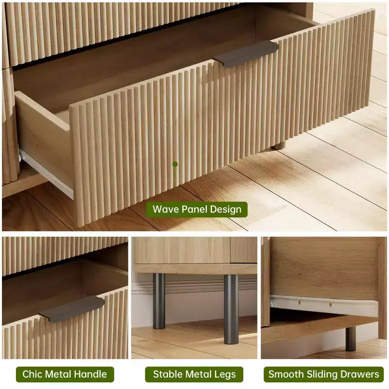 Commode cannelée à 3 tiroirs, large commode en bois, organisateur de tiroirs avec pieds en métal et dispositif anti-basculement