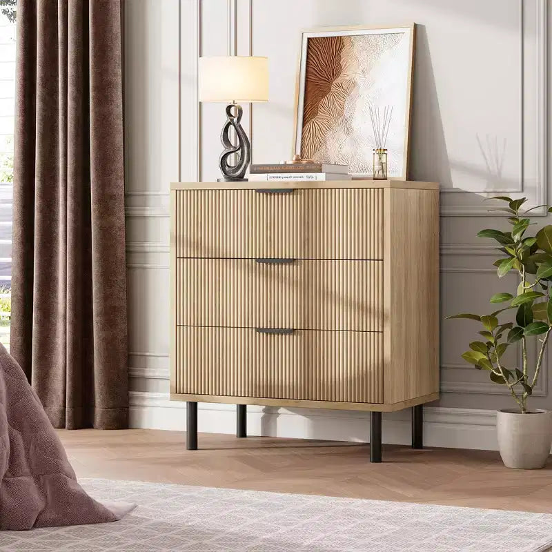 Commode cannelée à 3 tiroirs, large commode en bois, organisateur de tiroirs avec pieds en métal et dispositif anti-basculement
