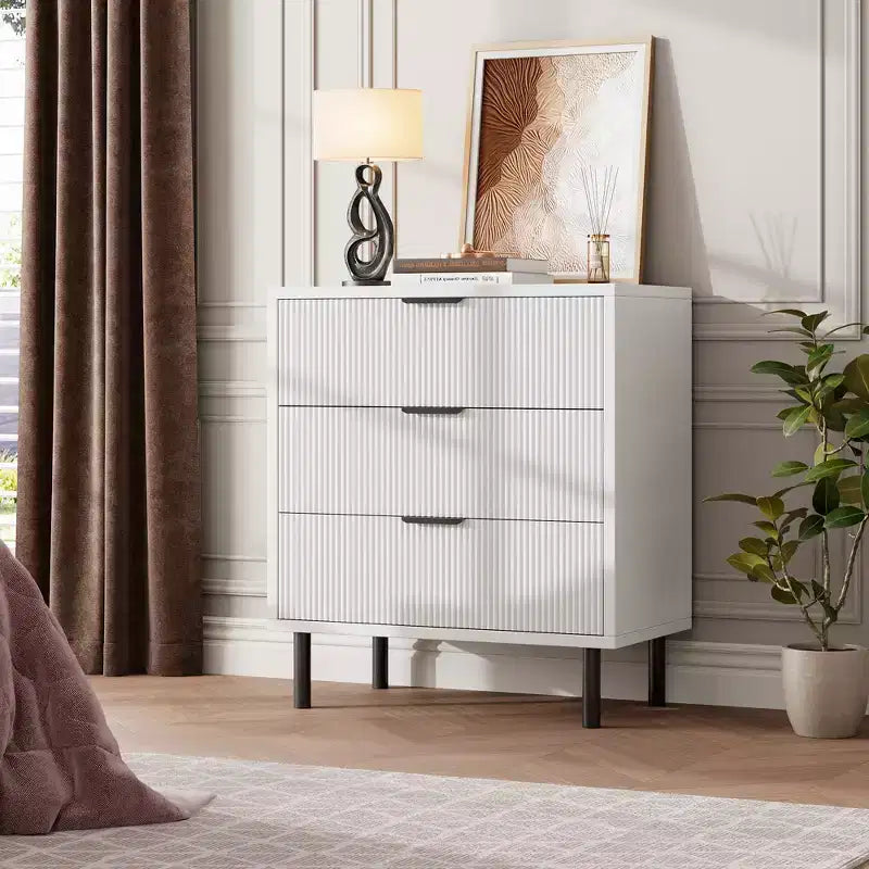 Commode cannelée à 3 tiroirs, large commode en bois, organisateur de tiroirs avec pieds en métal et dispositif anti-basculement