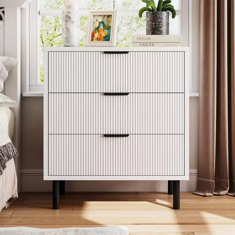 Commode cannelée à 3 tiroirs, large commode en bois, organisateur de tiroirs avec pieds en métal et dispositif anti-basculement