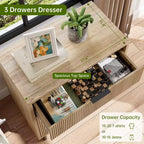 Commode cannelée à 3 tiroirs, large commode en bois, organisateur de tiroirs avec pieds en métal et dispositif anti-basculement