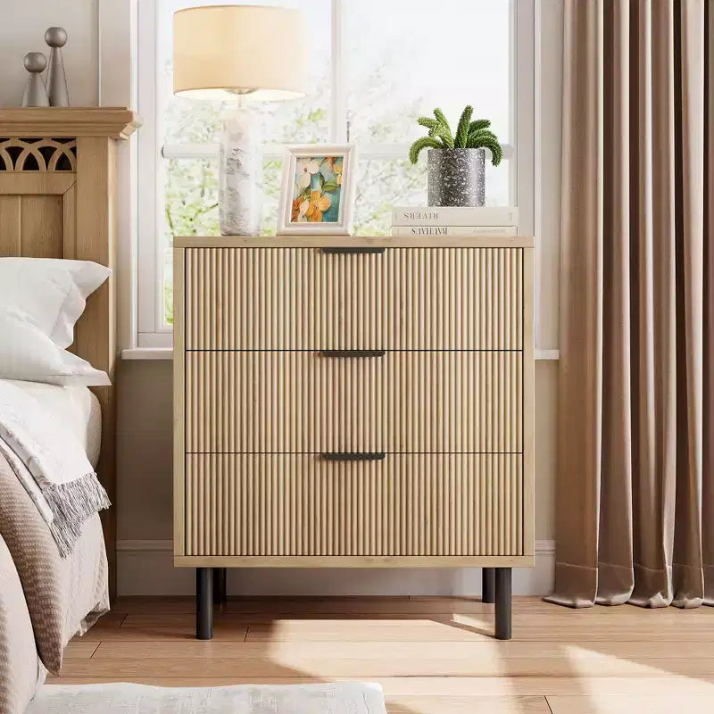 Commode cannelée à 3 tiroirs, large commode en bois, organisateur de tiroirs avec pieds en métal et dispositif anti-basculement