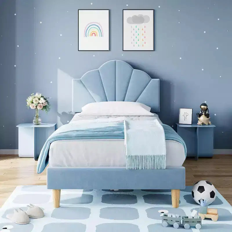 Cadre de lit simple Acekool, lit plateforme capitonné en velours avec tête de lit réglable, lattes en bois, montage facile, sans sommier, bleu clair