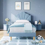 Cadre de lit simple Acekool, lit plateforme capitonné en velours avec tête de lit réglable, lattes en bois, montage facile, sans sommier, bleu clair