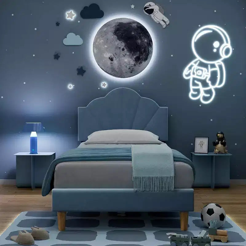 Cadre de lit simple Acekool, lit plateforme capitonné en velours avec tête de lit réglable, lattes en bois, montage facile, sans sommier, bleu clair
