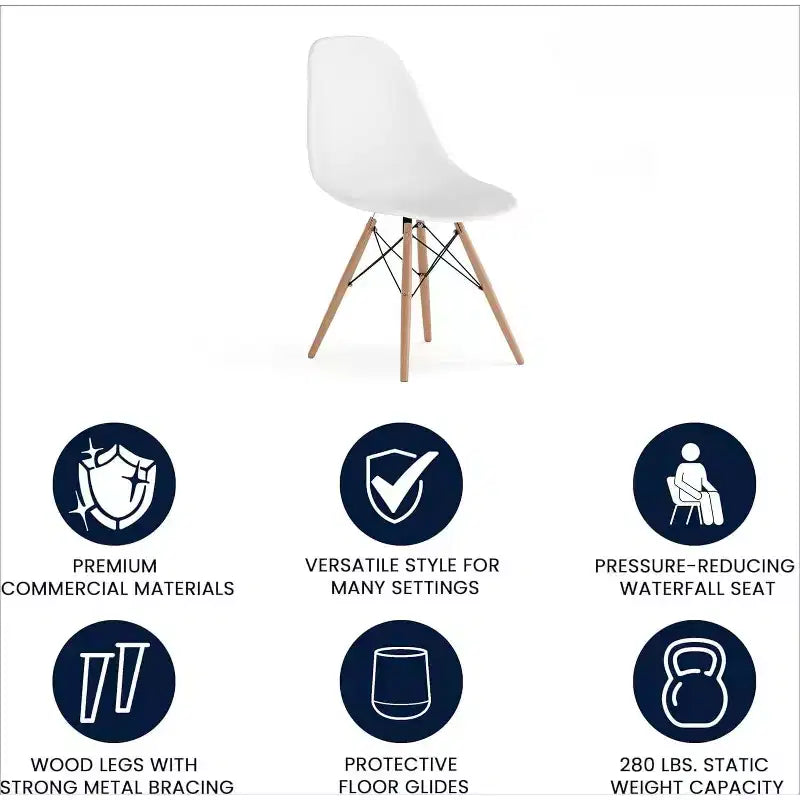 Chaise de salle à manger moderne en plastique Summit Adventure Elon Series avec pieds en bois, chaise d'appoint moderne du milieu du siècle pour salles à manger et bureaux, blanc