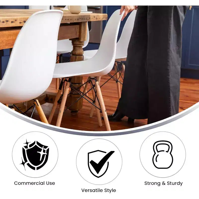Chaise de salle à manger moderne en plastique Summit Adventure Elon Series avec pieds en bois, chaise d'appoint moderne du milieu du siècle pour salles à manger et bureaux, blanc
