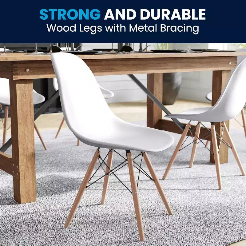 Chaise de salle à manger moderne en plastique Summit Adventure Elon Series avec pieds en bois, chaise d'appoint moderne du milieu du siècle pour salles à manger et bureaux, blanc