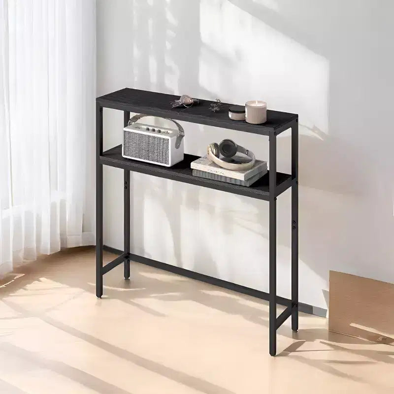 LEDREM Modern 2-Tier Console Table, Narrow Sofa Table with Dual Shelves, Entryway Table, Sturdy Steel Frame, Ink Black