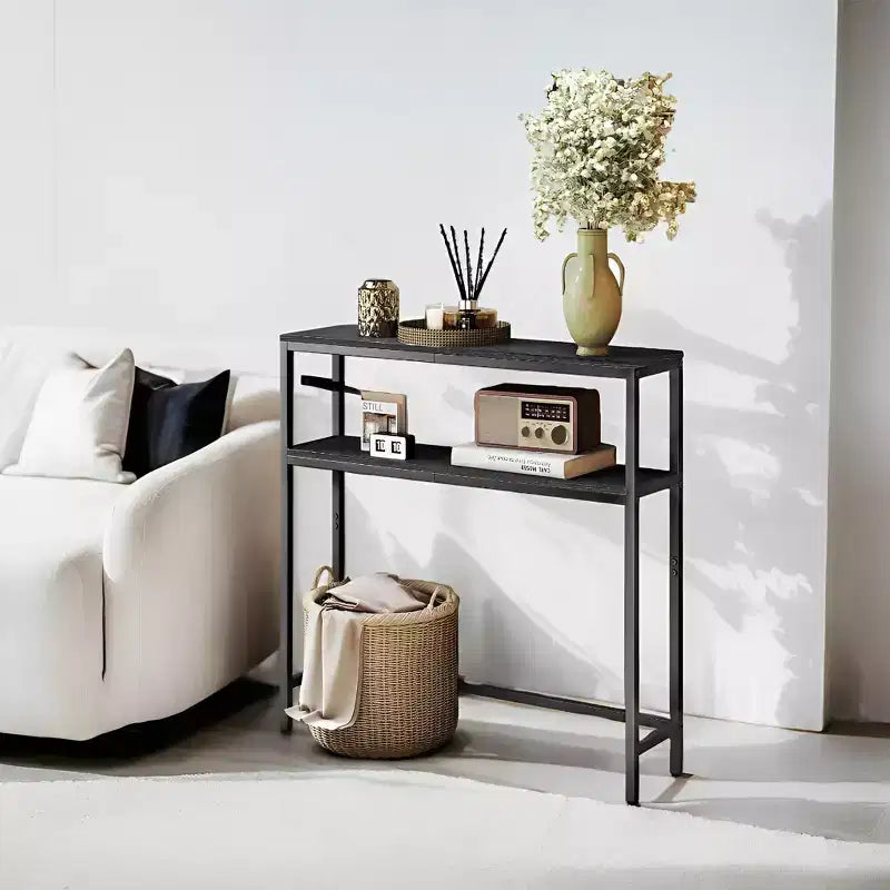Console moderne LEDREM à 2 niveaux, table d'appoint étroite avec deux étagères, table d'entrée, cadre en acier robuste, noir encre