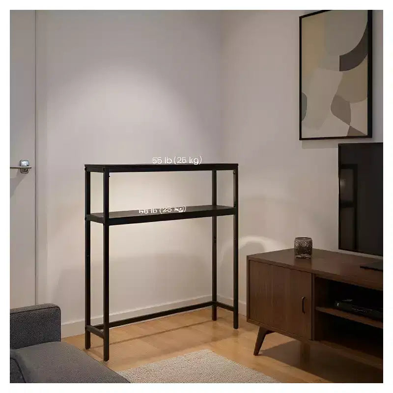 Console moderne LEDREM à 2 niveaux, table d'appoint étroite avec deux étagères, table d'entrée, cadre en acier robuste, noir encre