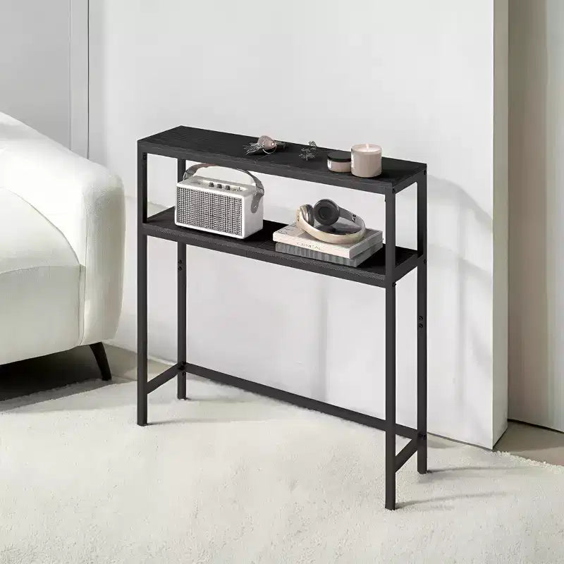 Console moderne LEDREM à 2 niveaux, table d'appoint étroite avec deux étagères, table d'entrée, cadre en acier robuste, noir encre
