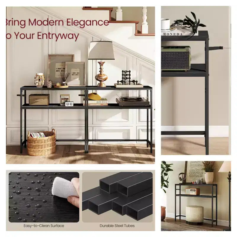 Console moderne LEDREM à 2 niveaux, table d'appoint étroite avec deux étagères, table d'entrée, cadre en acier robuste, noir encre