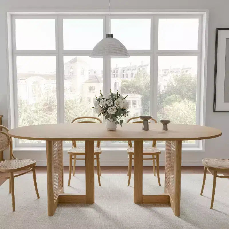 Table de salle à manger de cuisine de ferme moderne PexFix 67 x 33,5, table de cuisine ovale en chêne avec pieds tissés en rotin pour cuisine, bar, salon
