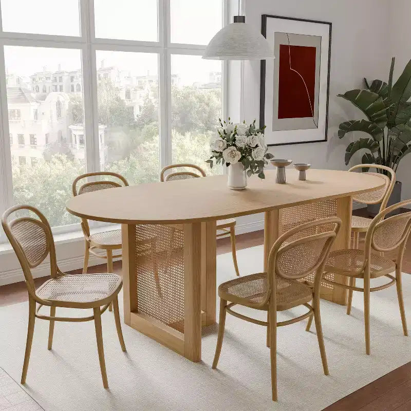 Table de salle à manger de cuisine de ferme moderne PexFix 67 x 33,5, table de cuisine ovale en chêne avec pieds tissés en rotin pour cuisine, bar, salon