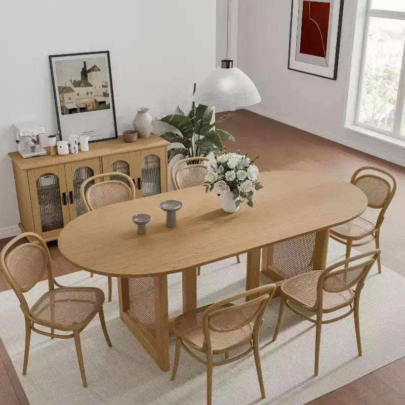 Table de salle à manger de cuisine de ferme moderne PexFix 67 x 33,5, table de cuisine ovale en chêne avec pieds tissés en rotin pour cuisine, bar, salon