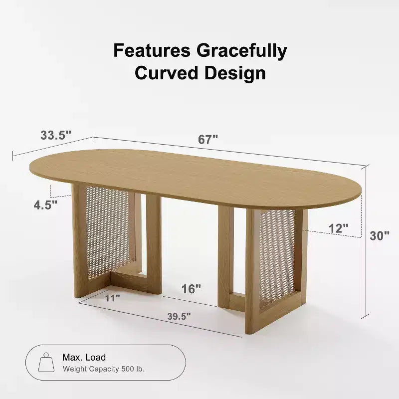 Table de salle à manger de cuisine de ferme moderne PexFix 67 x 33,5, table de cuisine ovale en chêne avec pieds tissés en rotin pour cuisine, bar, salon