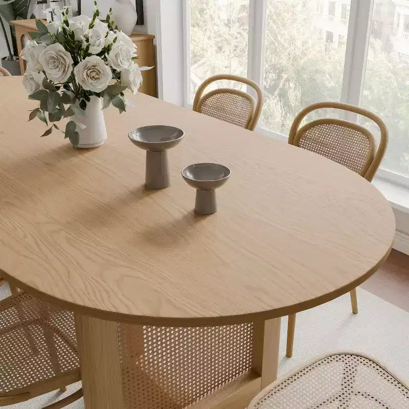 Table de salle à manger de cuisine de ferme moderne PexFix 67 x 33,5, table de cuisine ovale en chêne avec pieds tissés en rotin pour cuisine, bar, salon