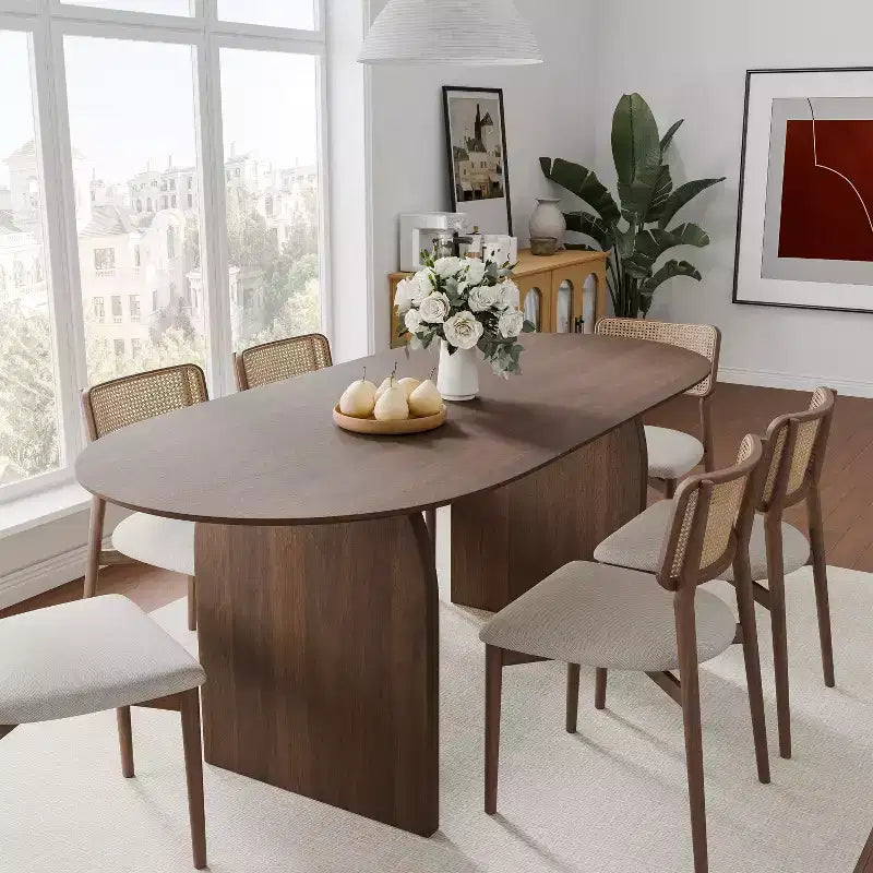 PexFix Table de salle à manger en bois massif 67 x 33,5 avec pieds arqués, table de cuisine ovale finition noyer pour salle à manger