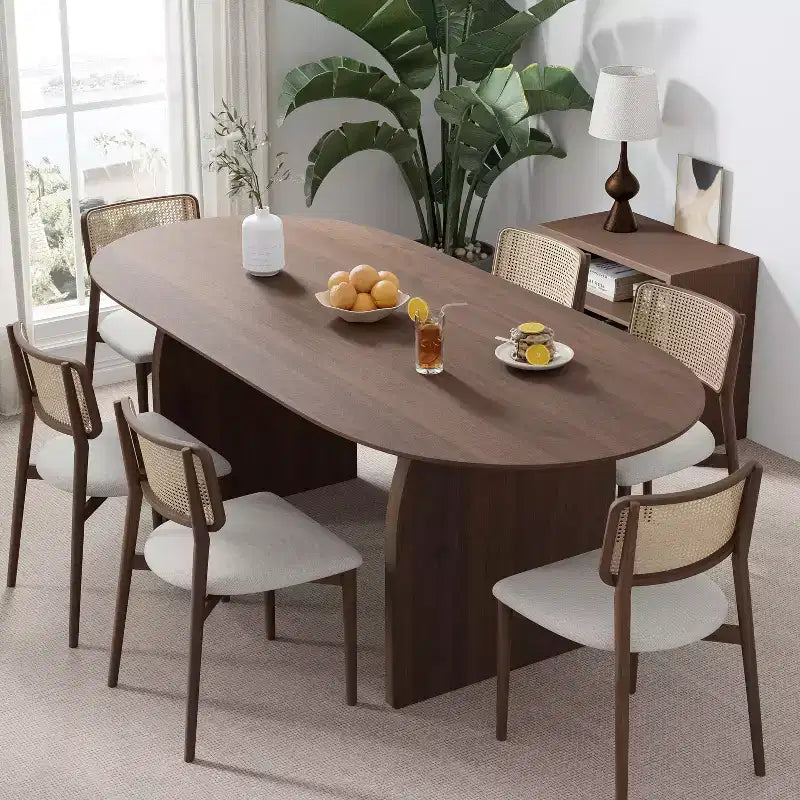 PexFix Table de salle à manger en bois massif 67 x 33,5 avec pieds arqués, table de cuisine ovale finition noyer pour salle à manger